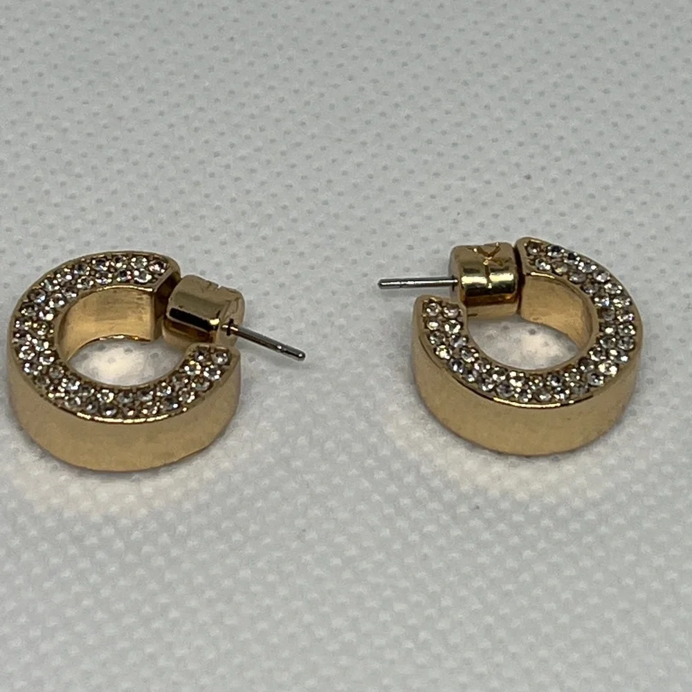 Kenneth Cole Hoop Earrings Gold Tone Rhinestone Huggie.